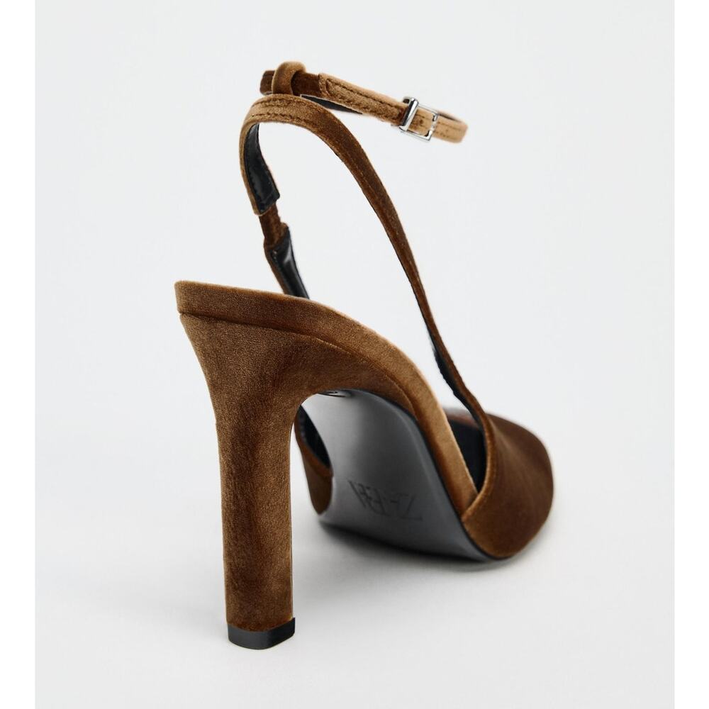 Zara NWT Brown Ocher Velvet Ankle Strap Rounded Toe High Heel Pumps 8 - Picture 14 of 16